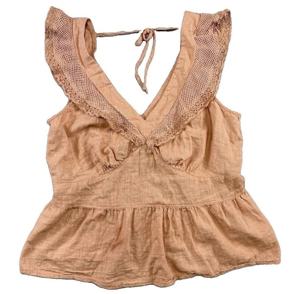 Old Navy Flutter Sleeve Crochet Lace low Tie-Back Blush Peach Blouse Sz L Boho‎